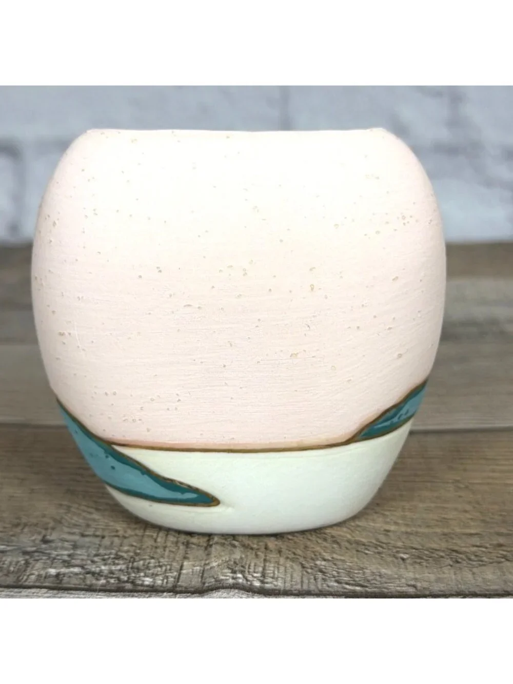 Vintage Pink Green Palm Tree Sand Art Pottery Candle Holder 24k Gold Trim Unused - Picture 5 of 10